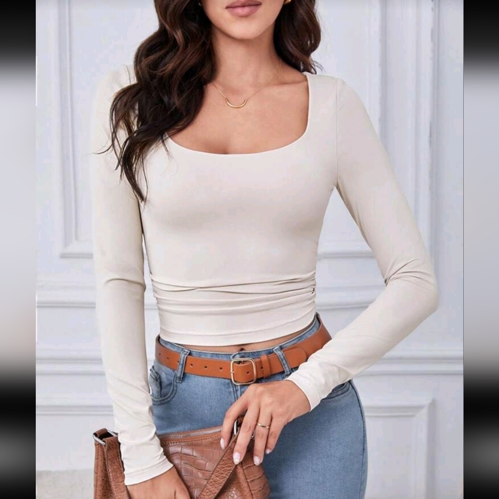 Shein Tall Scoop Neck Ruched Size Long sleeve Beige Cropped Top Size XS